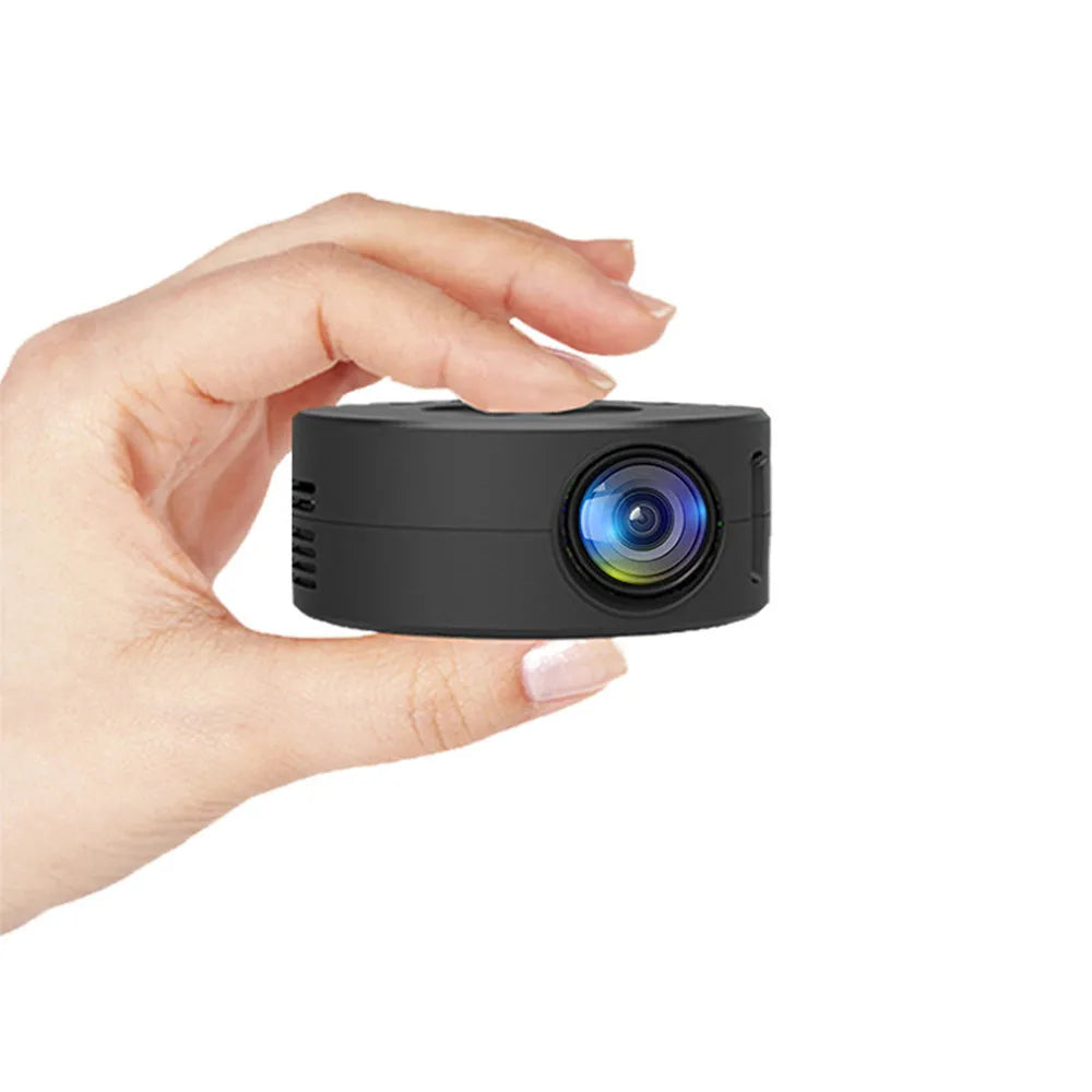 Black mini portable projector for mobile phone projection with compact 110x110x47mm dimensions