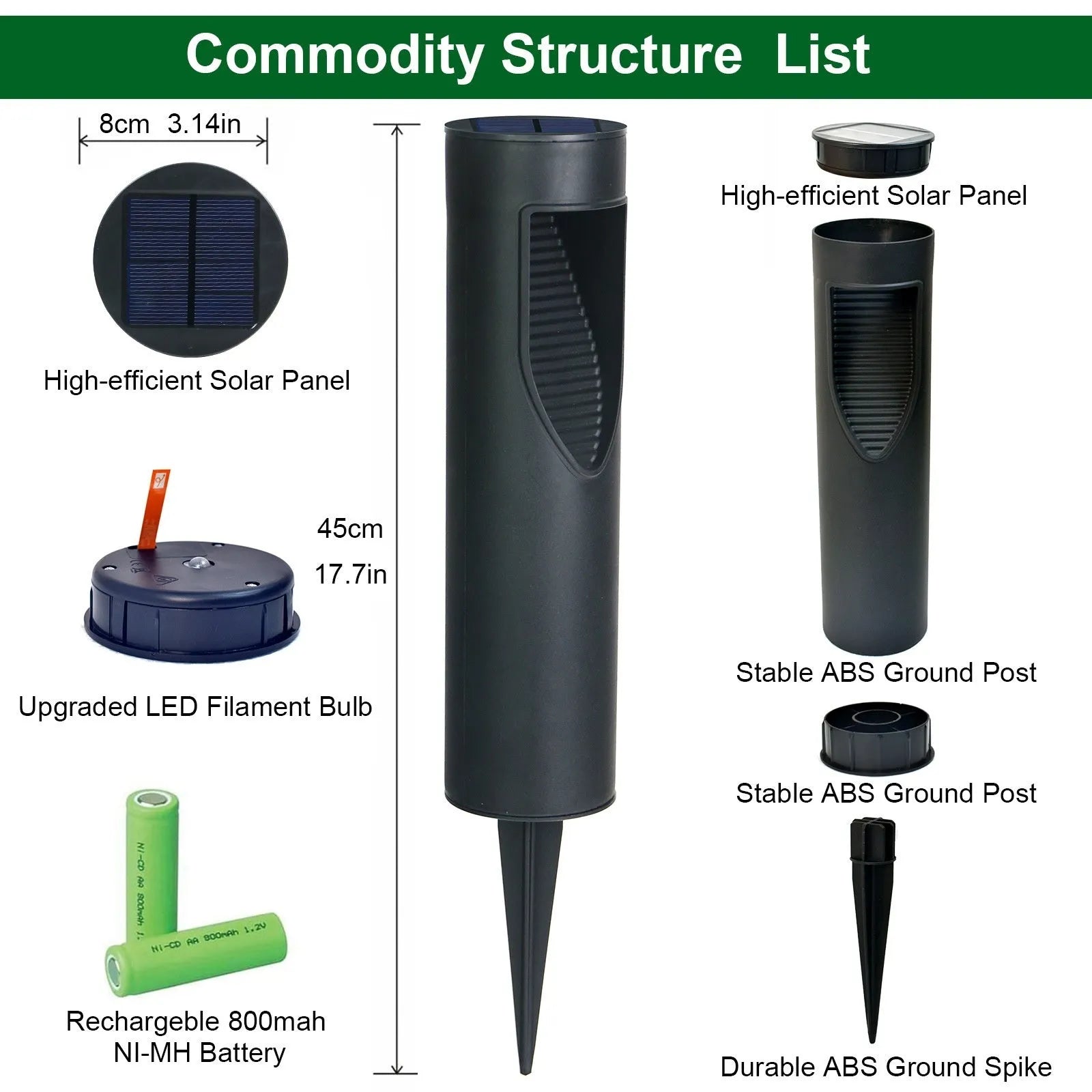 Black geometric abstract solar garden light with stainless steel and plastic construction for outdoor use