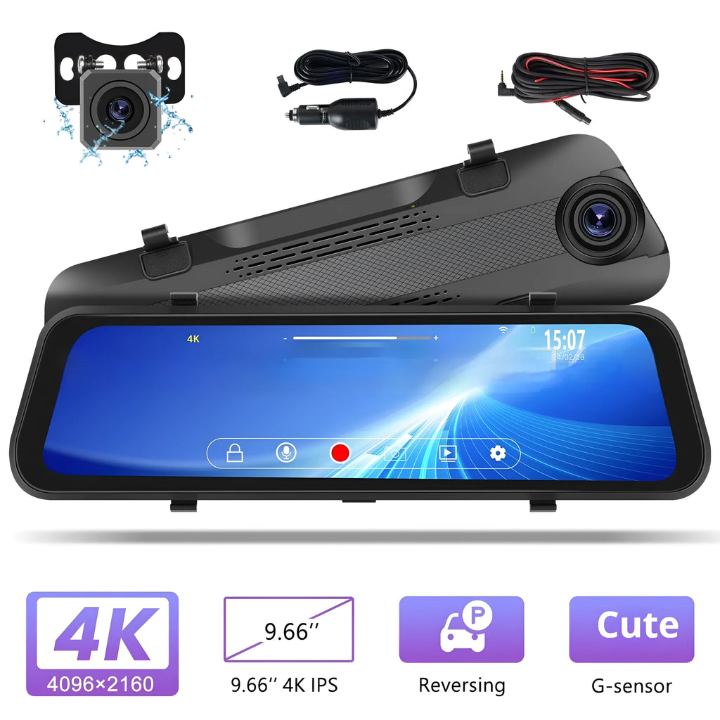 9.66 inch streaming media rear view mirror dash cam with dual cameras and touch screen display