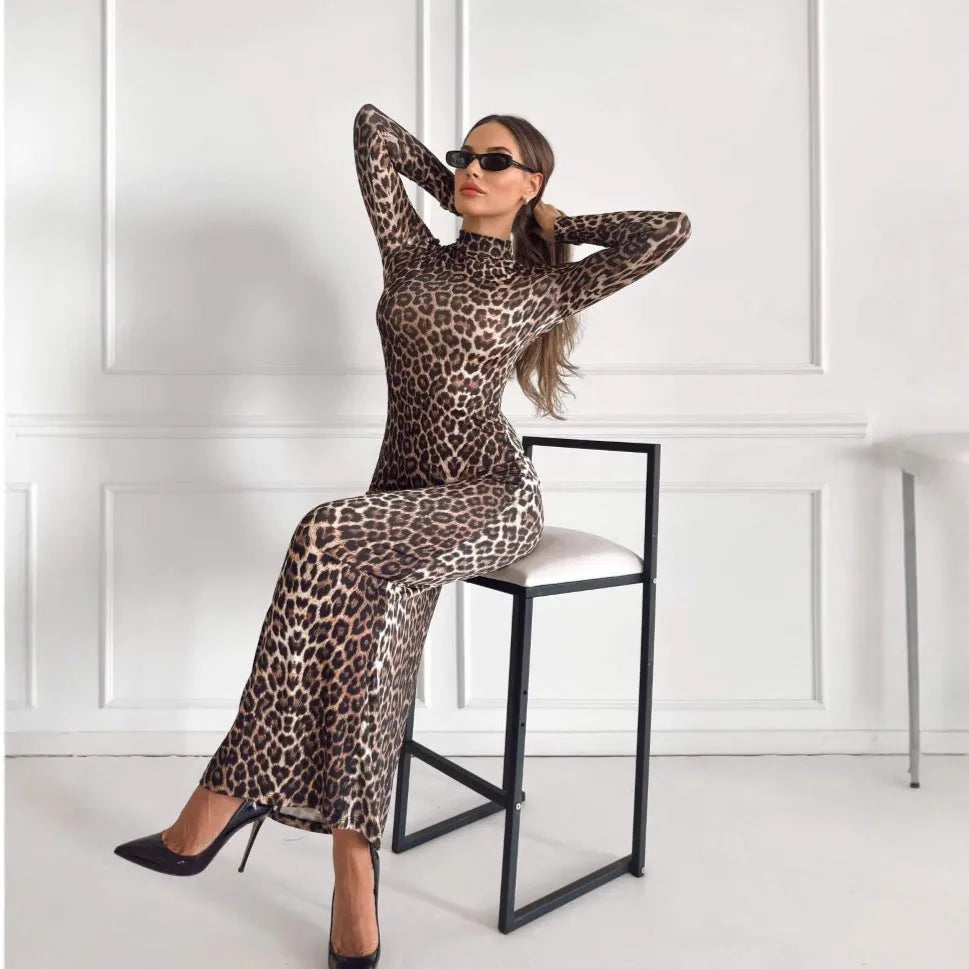 Leopard print women's long dress with stand collar, long sleeves, and high-waist hip skirt design