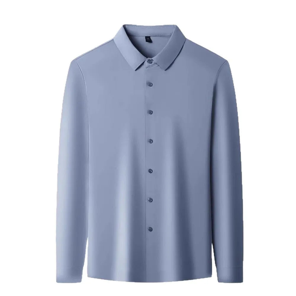 Man wearing a seamless long sleeve elastic shirt in a cardigan style, showing its fit and texture.