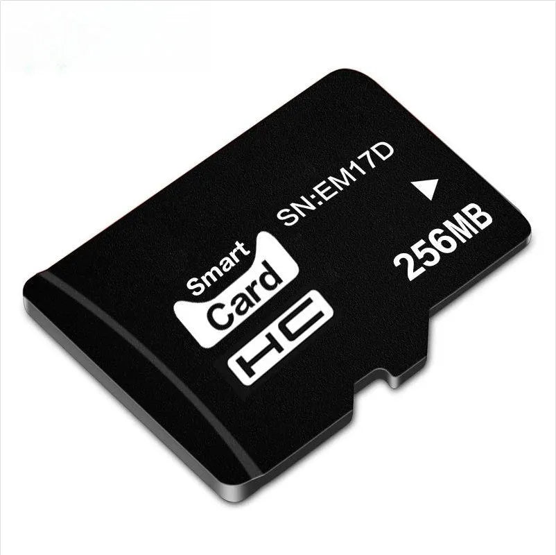 256MB capacity TF series memory card shown with scale indicating 11mm by 15mm dimensions.