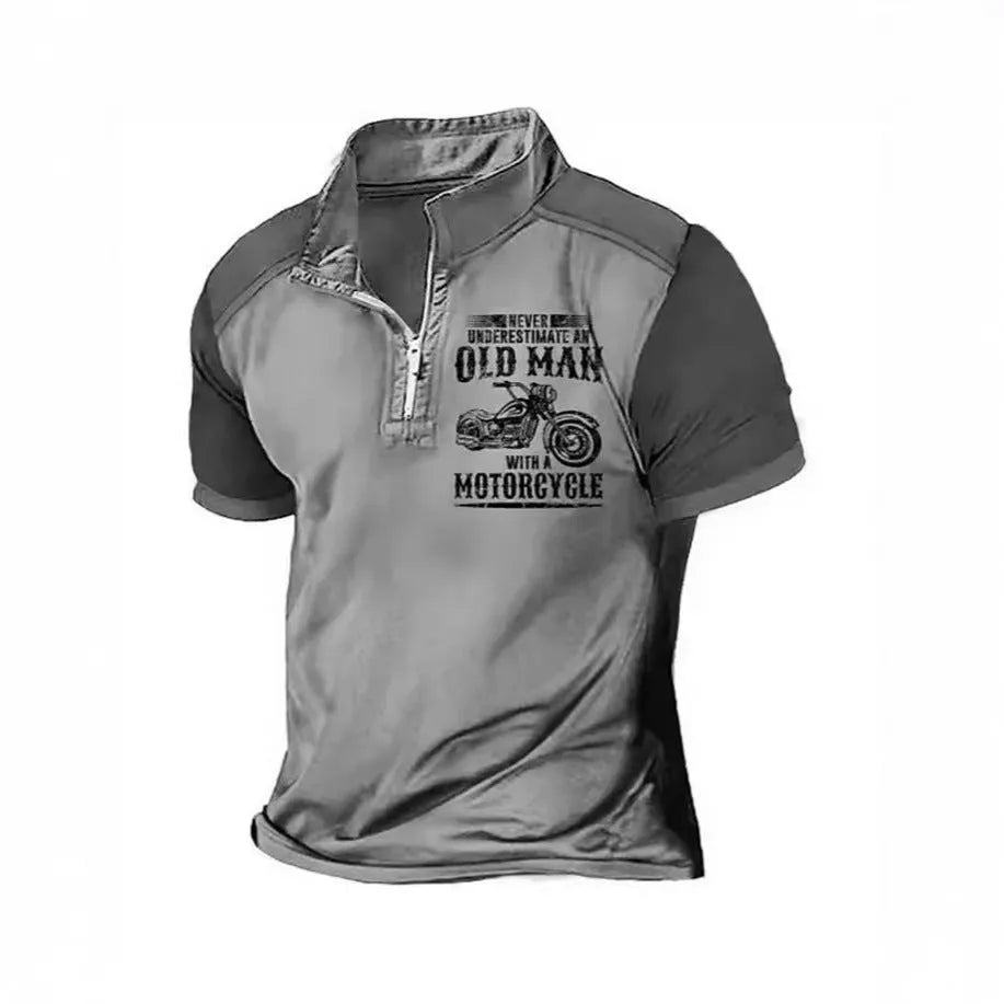 Men's casual short-sleeve polo shirt with lapel collar and printed letter pattern.