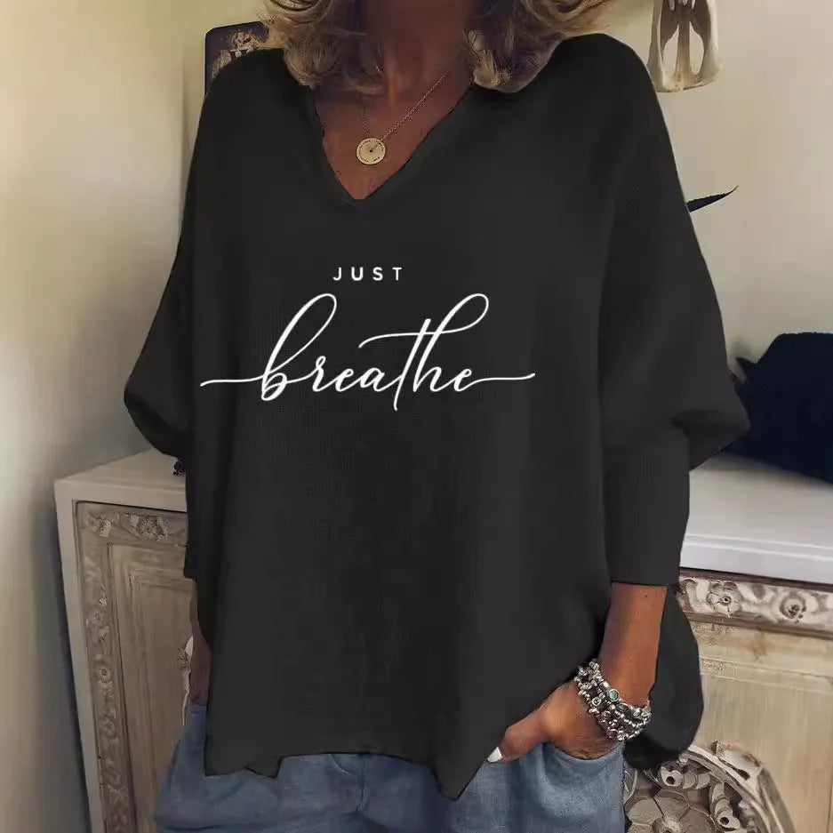 Women's V-neck long sleeve loose top with digital printing in brushed milk silk Spandex fabric