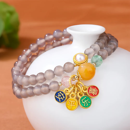 Natural gray agate bracelet with two-circle design and retro styling for women