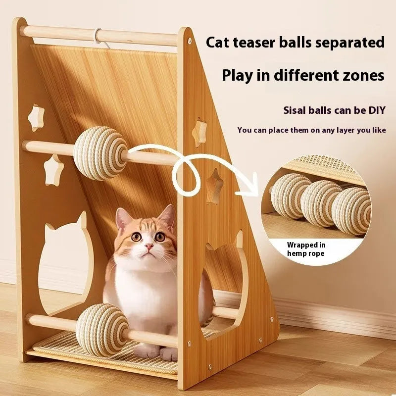 Vertical cat scratch board with hemp rope elements mounted to wall