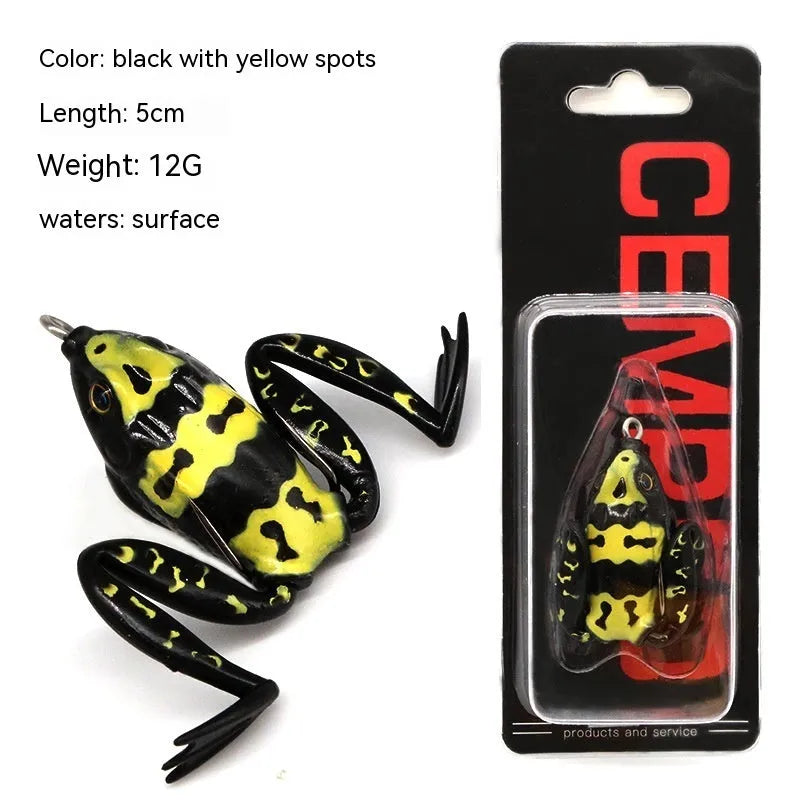 Bionic thunder frog snake head fishing bait with double hooks in grass green and black yellow dots colour