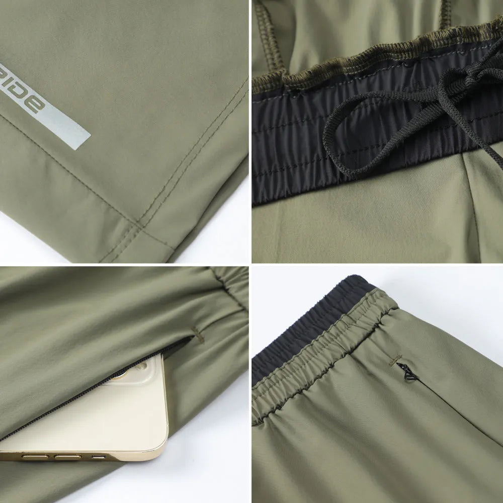 Men's loose grey ice silk quick-dry cropped running shorts on a white background.