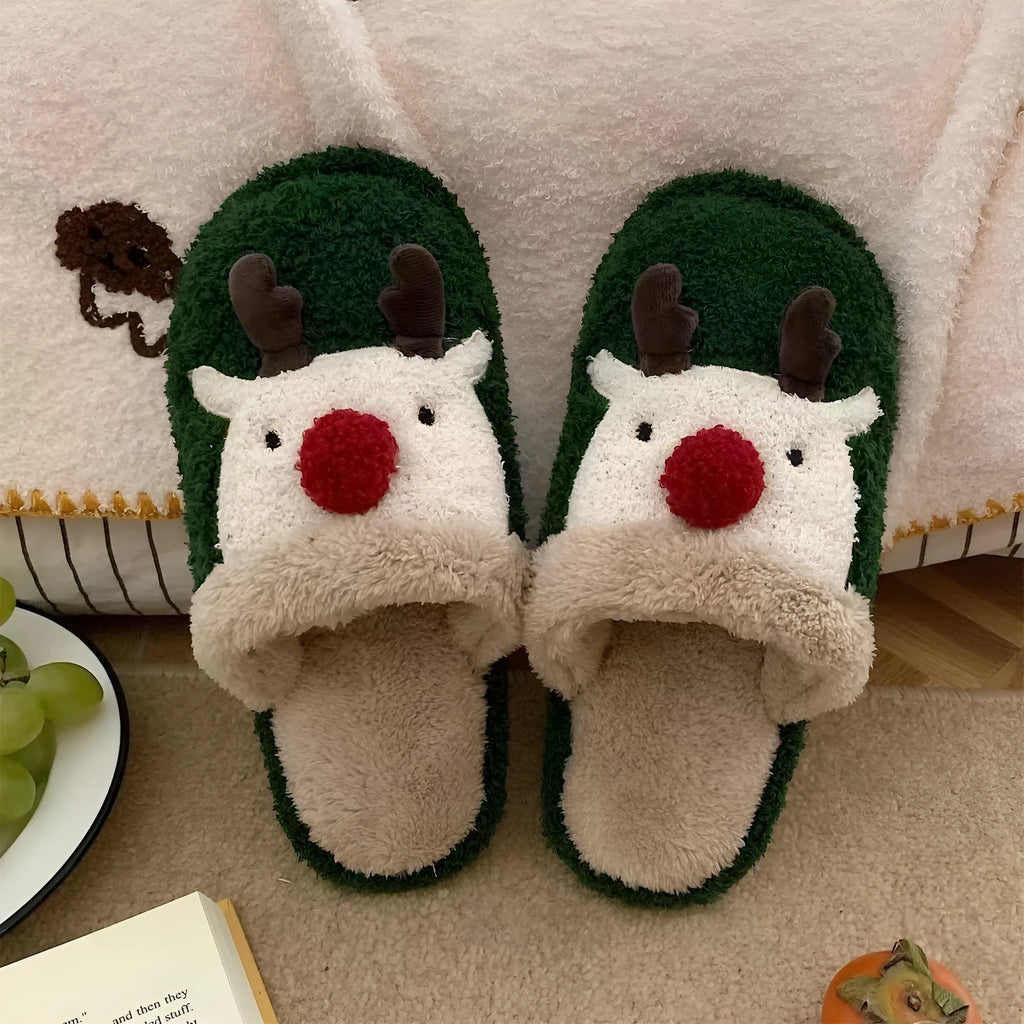 Women's green Christmas deer cotton plush slippers with non-slip PVC soles.