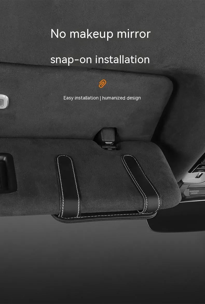Leather automotive sun visor card holder with integrated glasses clip in five colour options