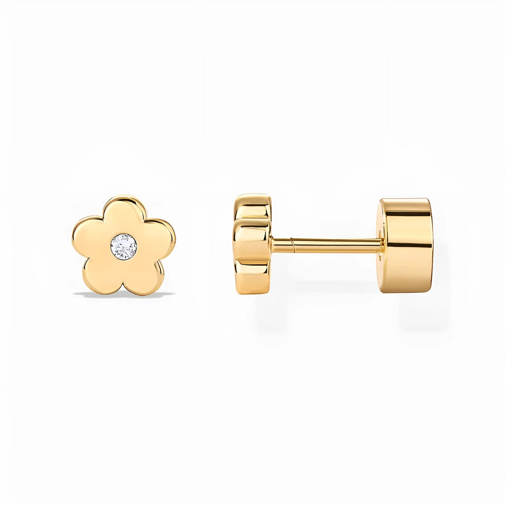 Electroplated 18K gold flower zircon ear studs on stainless steel, unisex old money style, gold and steel colours