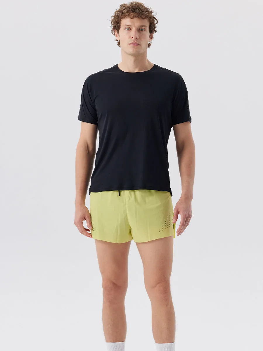 Men's straight-cut sports shorts with side slits in turmeric yellow colour