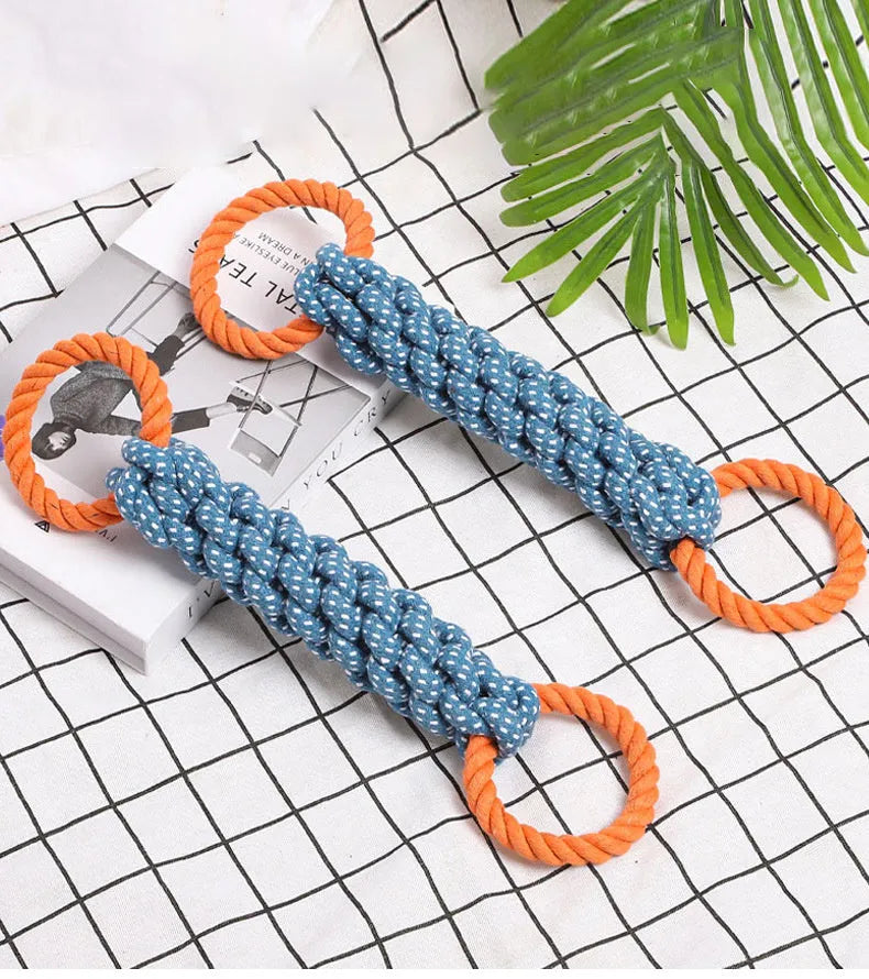 Blue double-ring braided cotton bone shape dog chew and tug toy