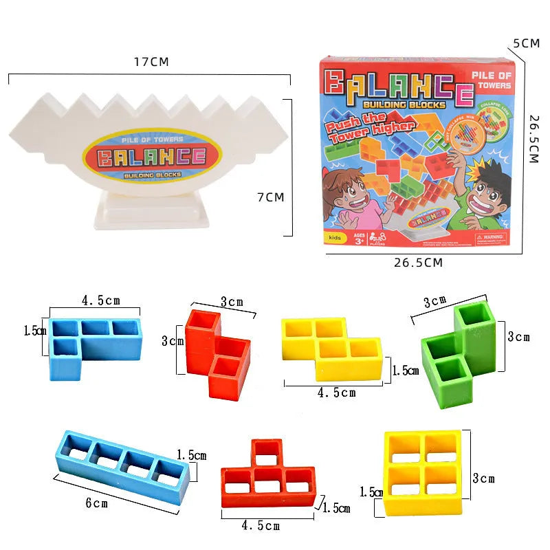 Plastic balance stacking game with 16 colourful building blocks on chassis for children aged 3+