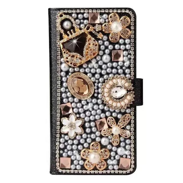 Faux leather phone case with rhinestones for iPhone 14 15 16 series in white and black designs including gem wallet and crown fox