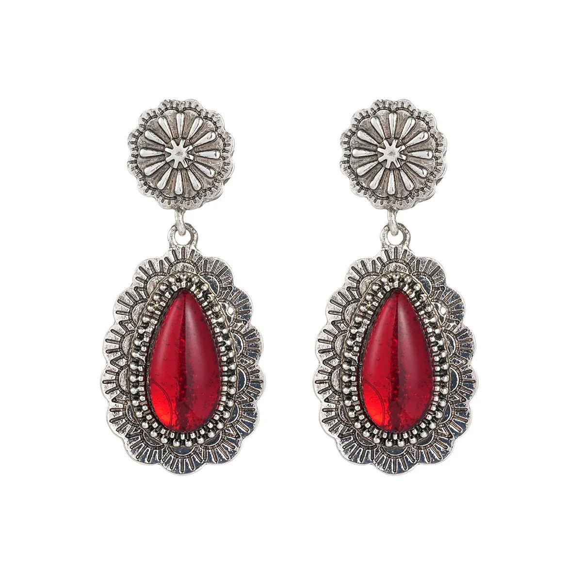 Retro bohemian carved ruby drop earrings for women in red alloy finish