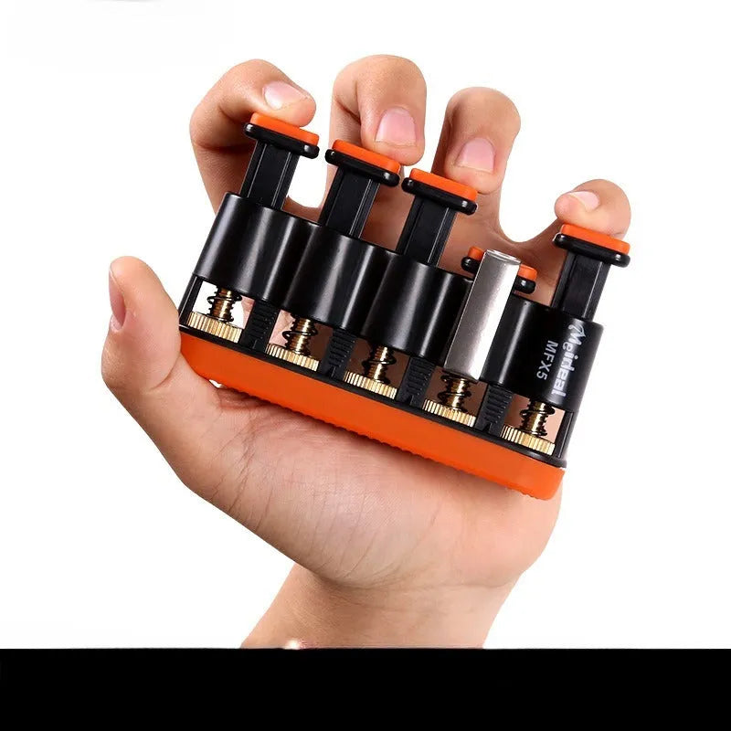Grey and orange silicone finger trainer for hand strength, used for music practice and climbing.