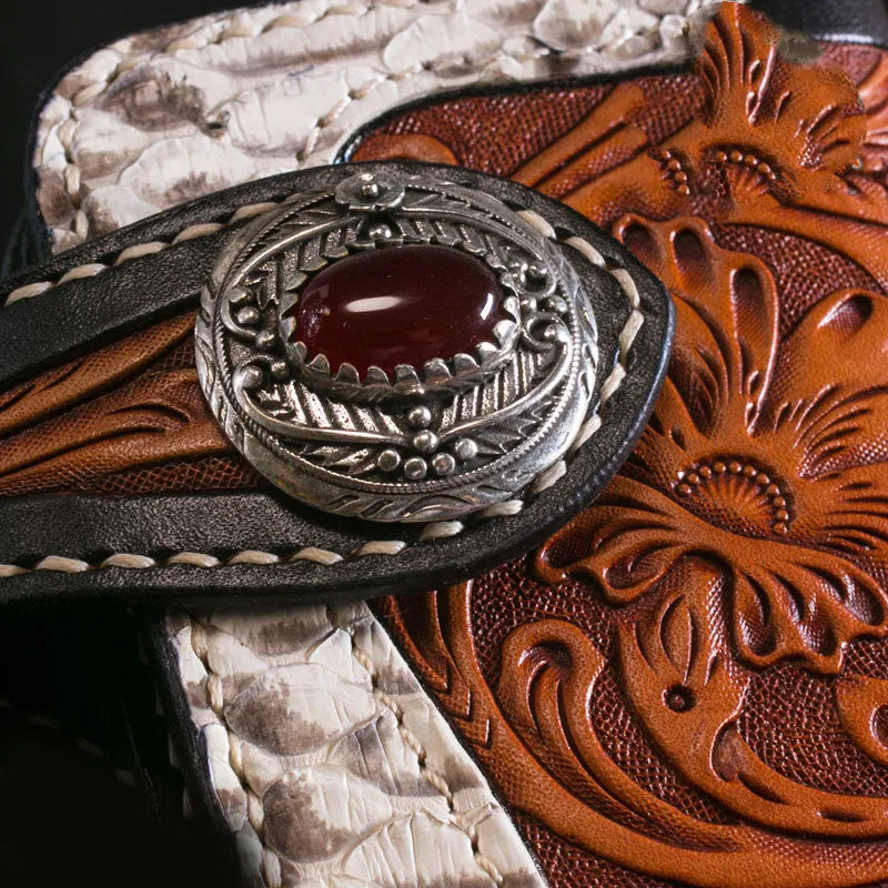 Mens long cow leather wallet with plant flower pattern and buckle closure, 20 x 10 x 2.5 cm, genuine leather lining