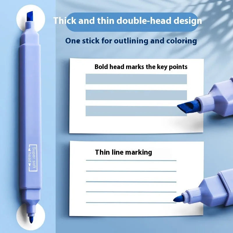 Set of double-ended fluorescent highlighting pens showing chisel and fine tips, in mixed, salt series, and sweet series colours.