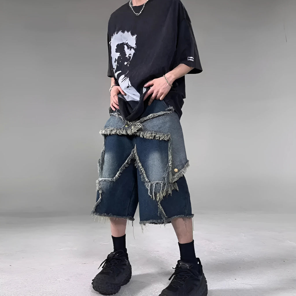 Blue retro denim shorts with frayed five-pointed star detail and loose fit design