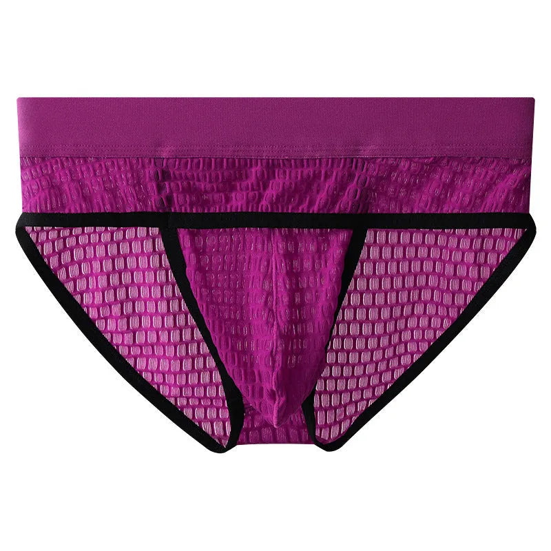 Men's lace briefs in polyester with U-pouch design and mid-rise waist