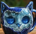 Purple synthetic resin geode crystal cat mug on a table, showing cat shape and textured interior.
