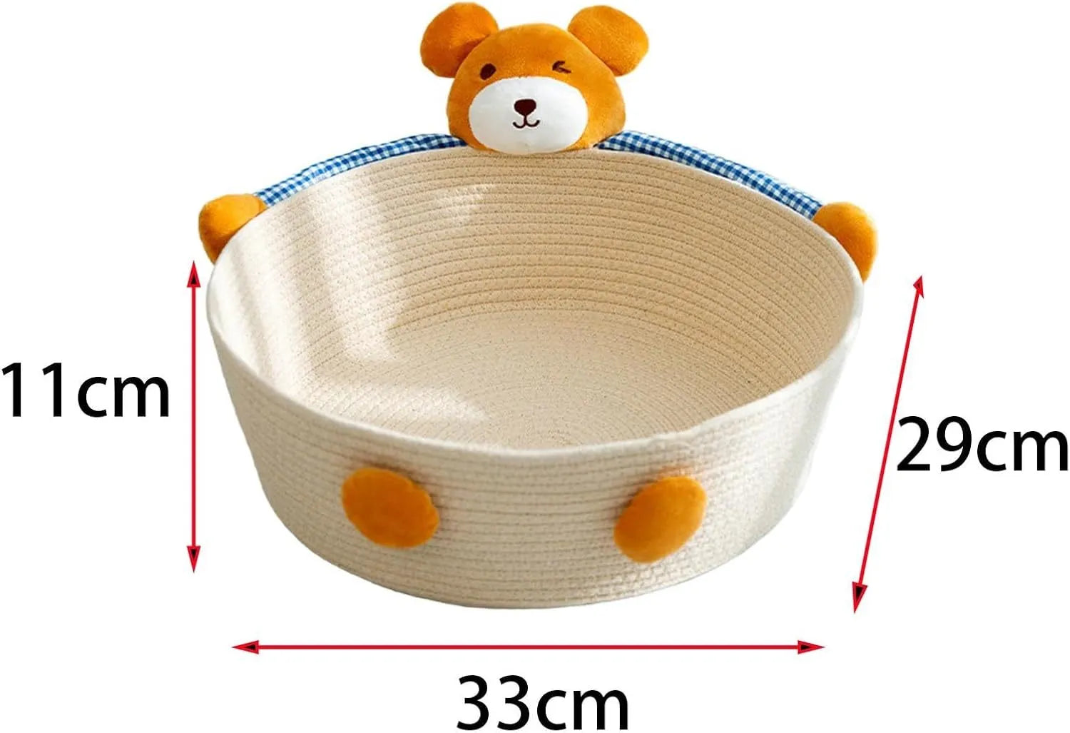 Woven cotton rope cat bed basket with scratching pad in bear design, shown in medium size.