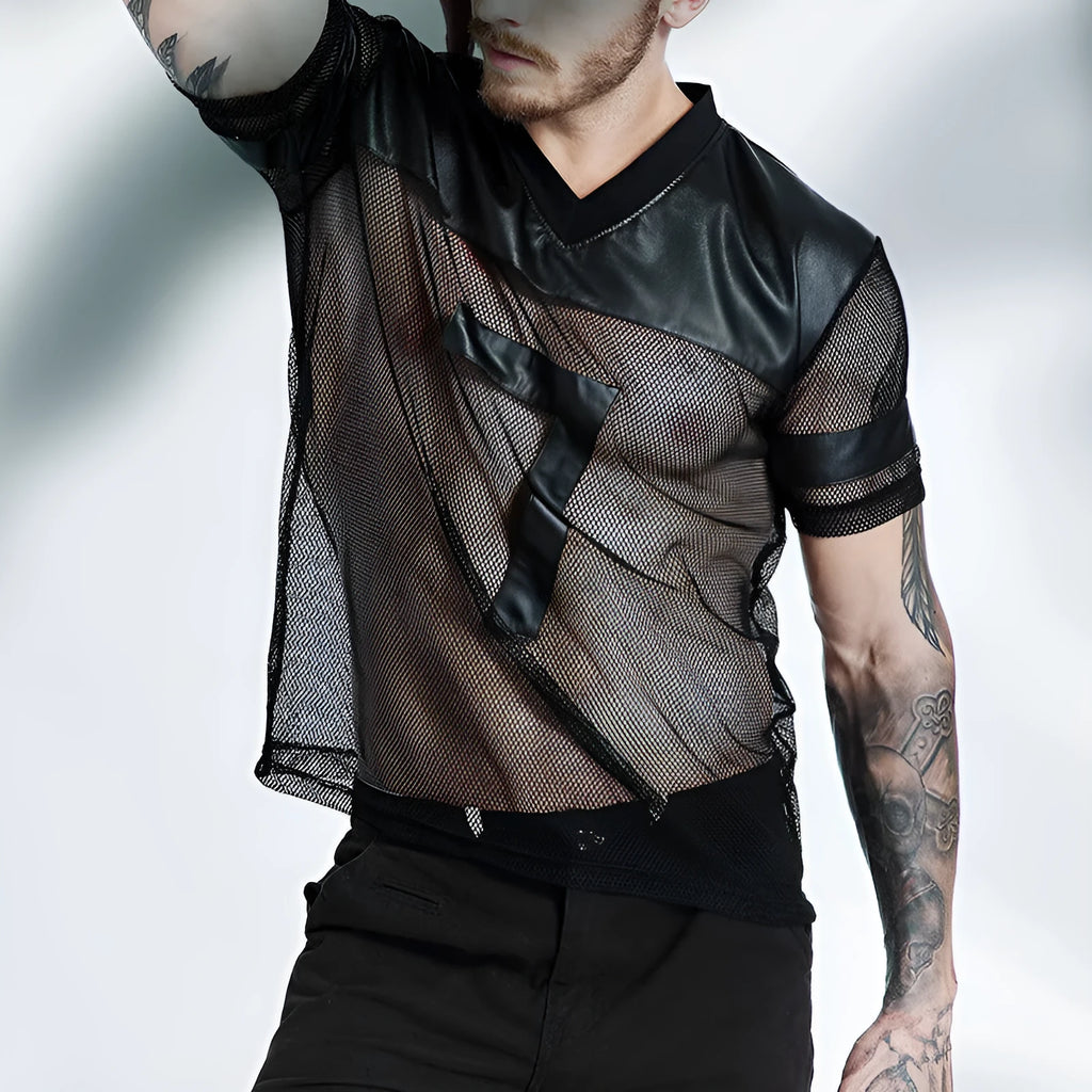 Men's black V-neck running t-shirt with mesh fabric and stitching detail