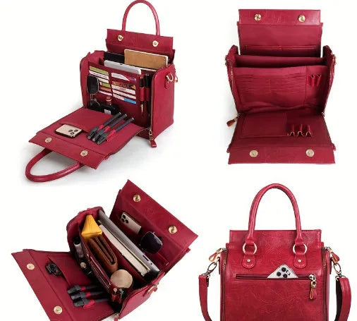 Large capacity genuine leather handbag with horizontal square shape, single shoulder strap, light brown or red