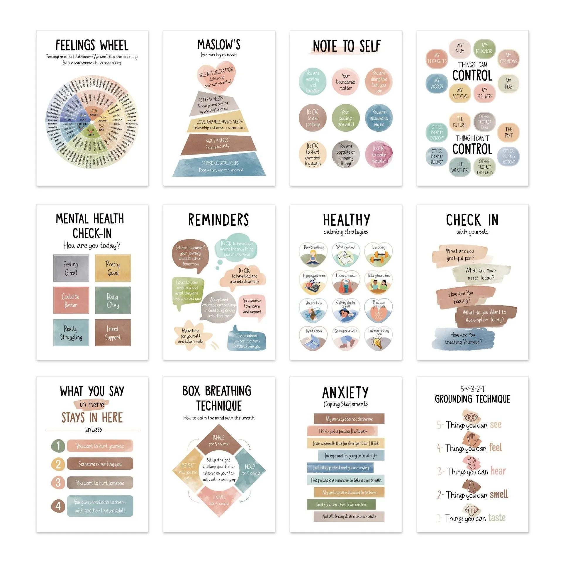 Twelve mental health posters on coated paper with bright film finish, 255x355mm size