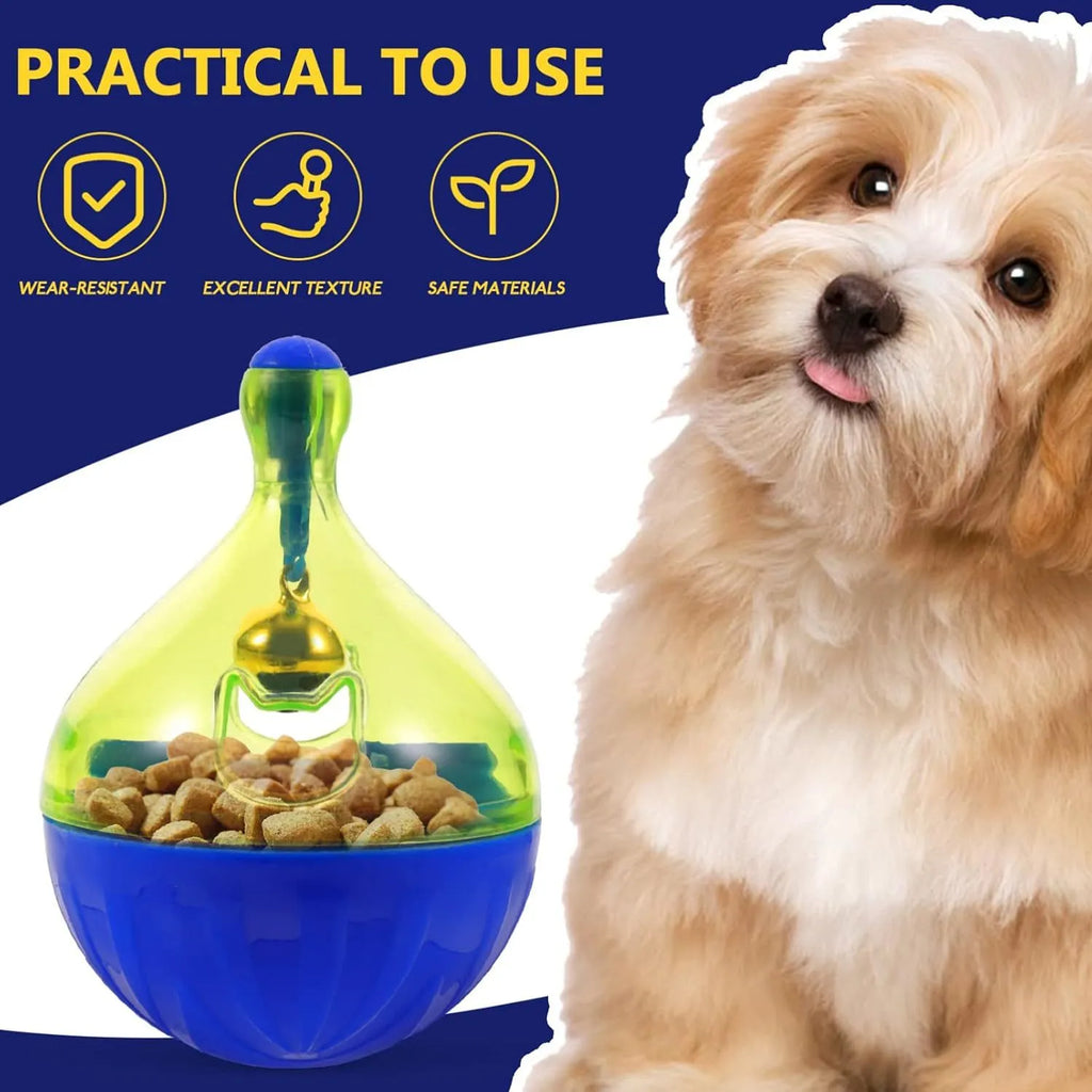 Blue and white tumbler-shaped interactive treat dispenser toy for dogs and cats on a wooden floor.