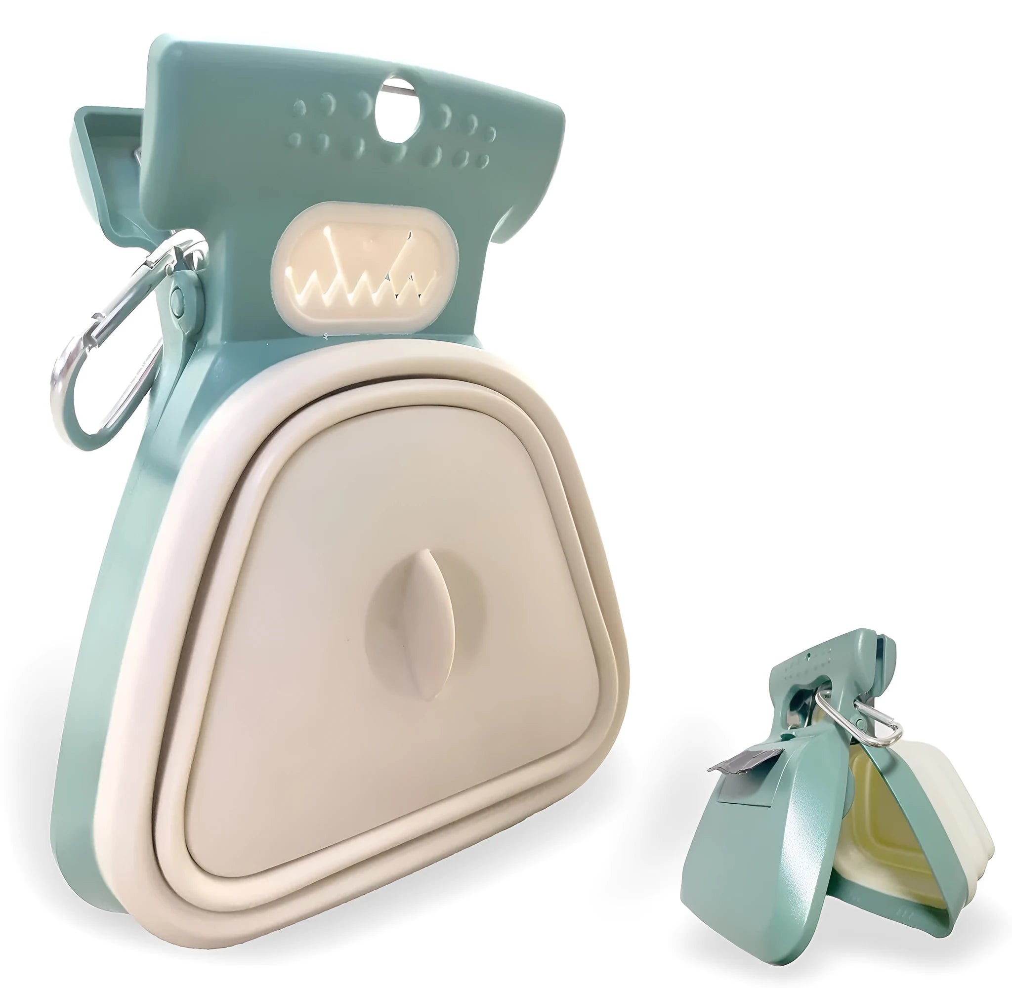 Blue portable dog pooper scooper with clip and integrated waste bag compartment.