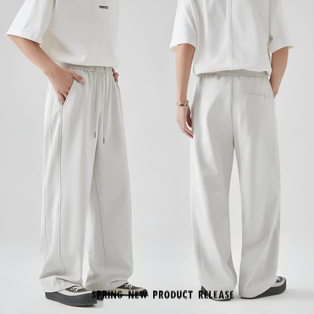 Men's casual loose straight-leg trousers in Paris grey with a high waist and front lace-up detail.