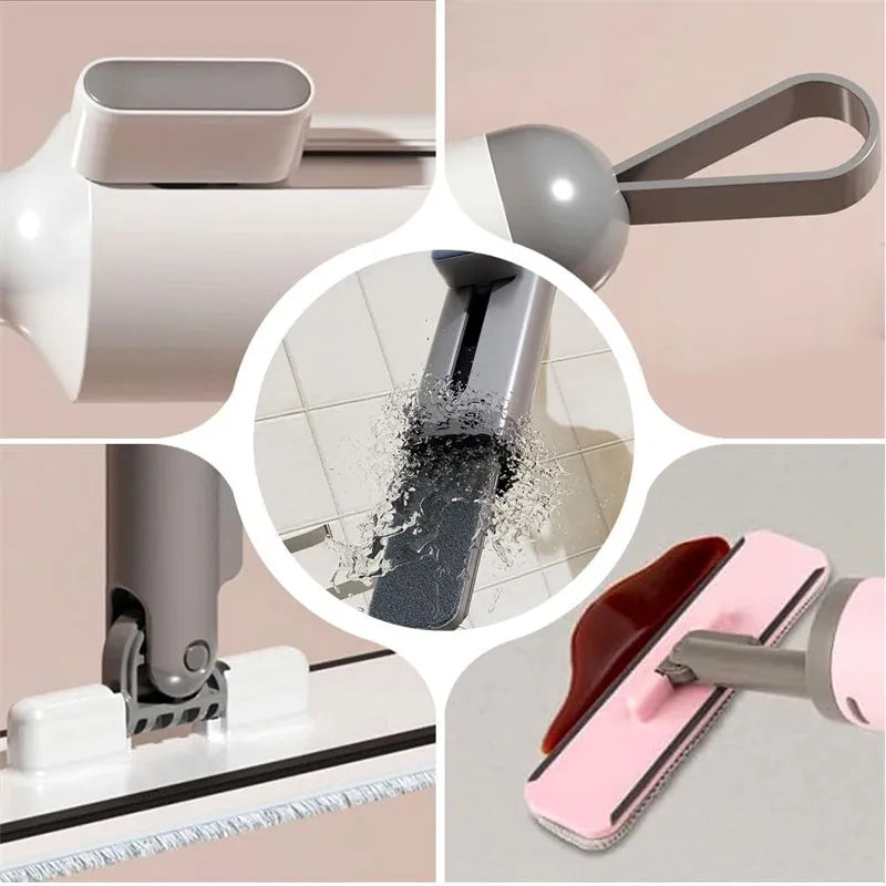 Rotatable self-squeeze mini floor mop with crevice brush and microfiber pads in pink, grey, or white