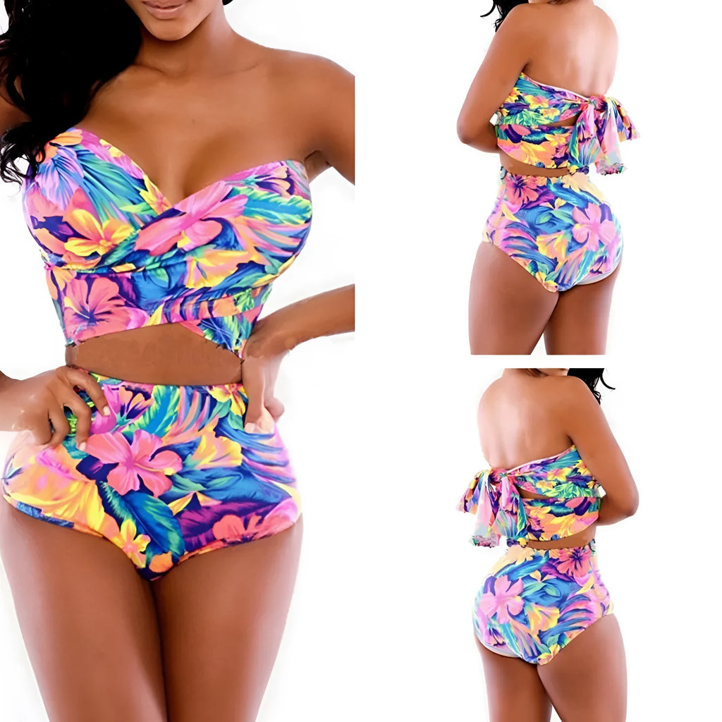Red printed swimsuit two-piece with chest wrap style showing front view of complete set