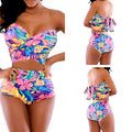 Red printed swimsuit two-piece with chest wrap style showing front view of complete set