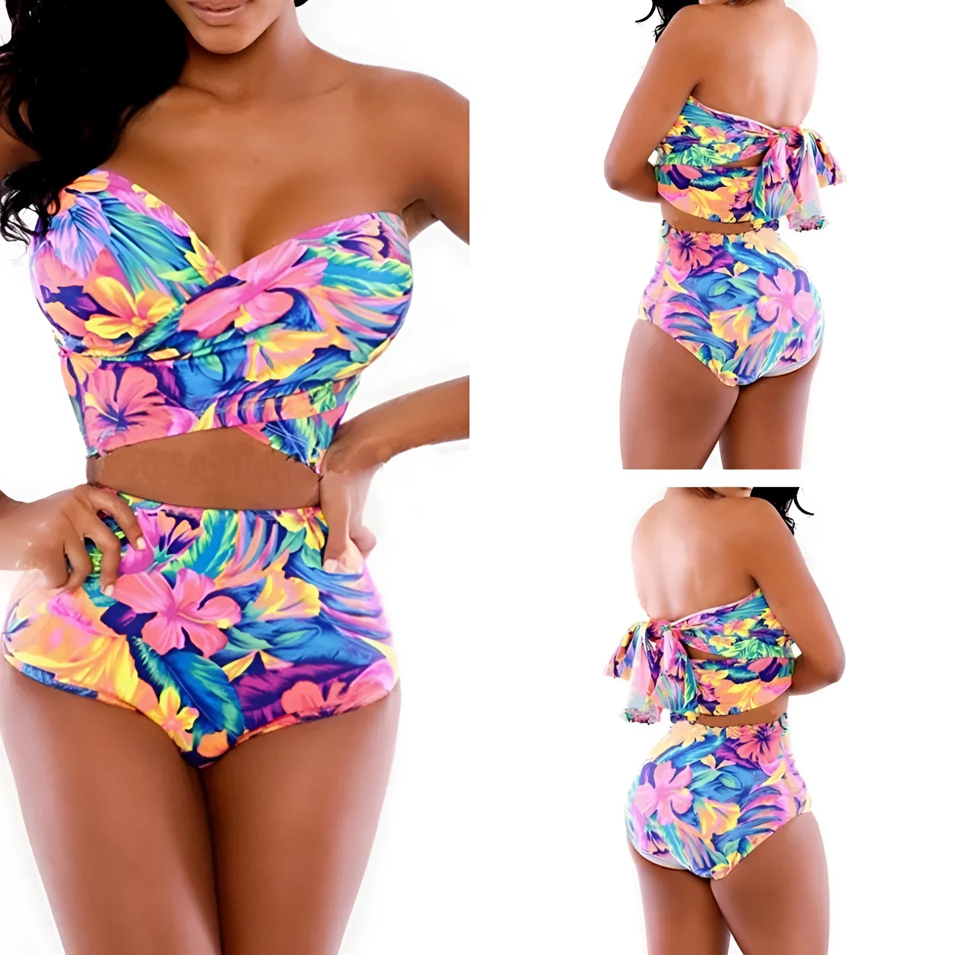 Red printed swimsuit two-piece with chest wrap style showing front view of complete set