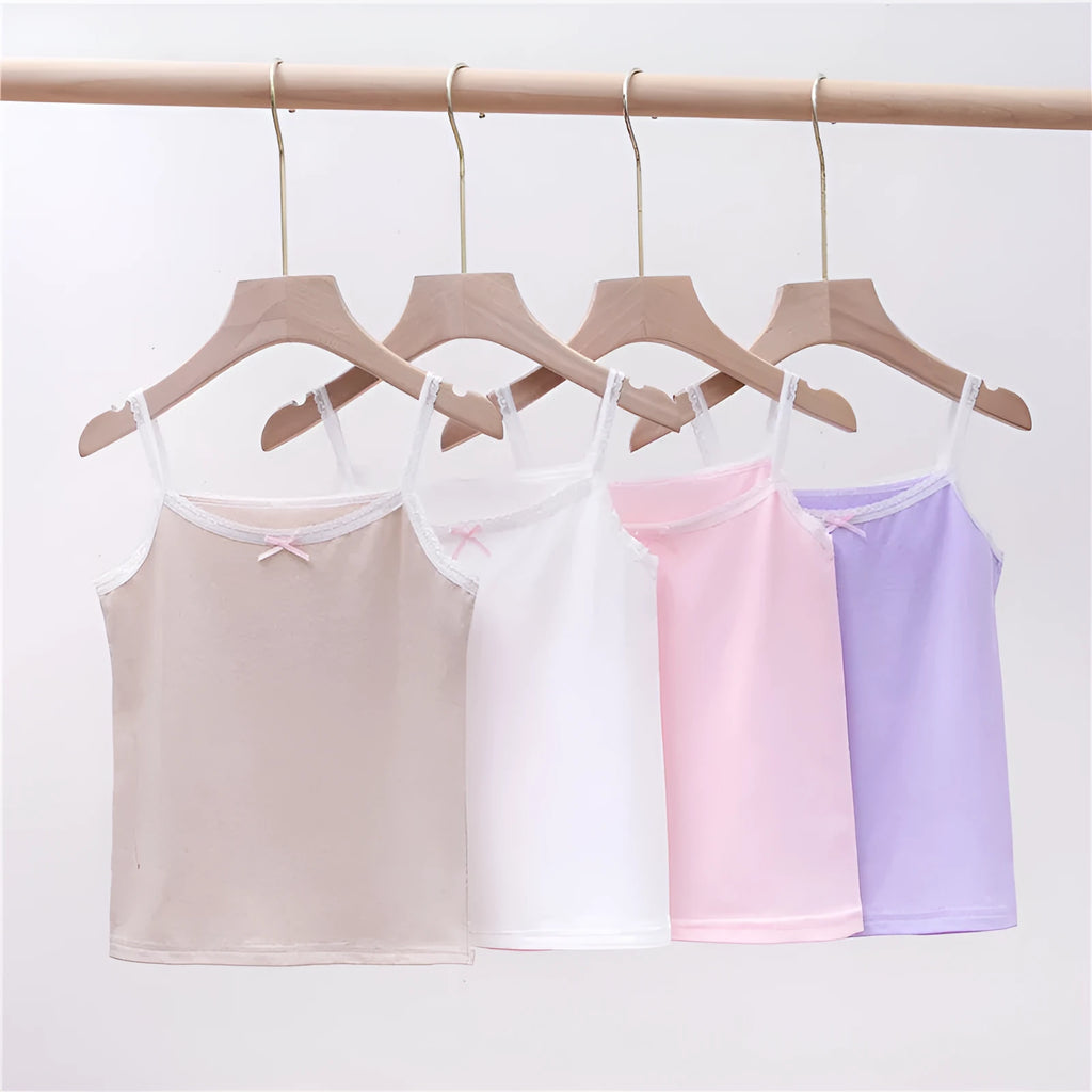 Girls' simple pure cotton lace vest in white with bow detail, suitable for height 100-150cm