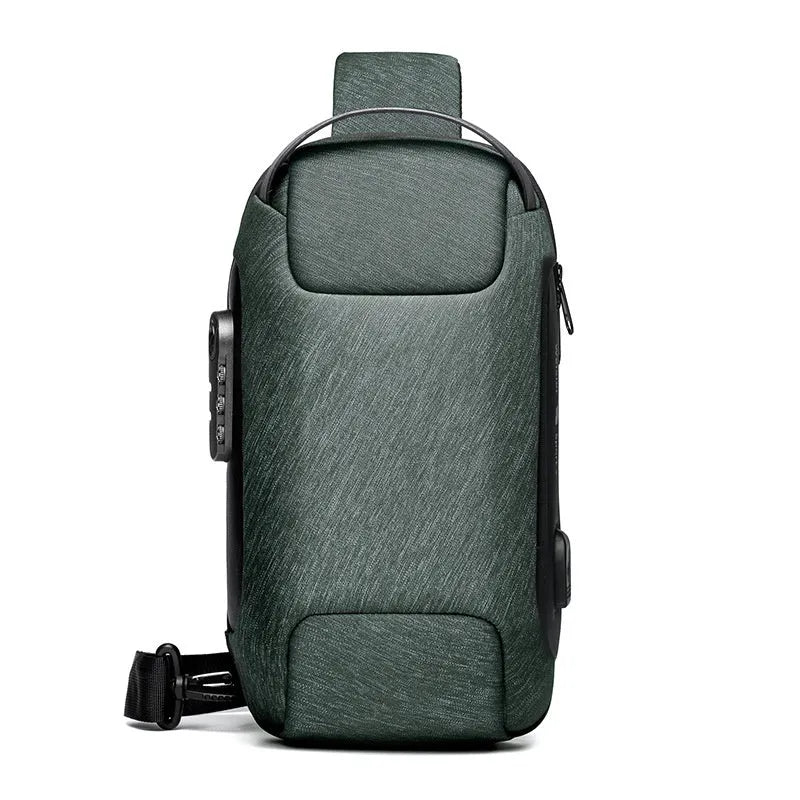 Men's waterproof Oxford crossbody bag with USB port and multiple internal compartments in army green colour