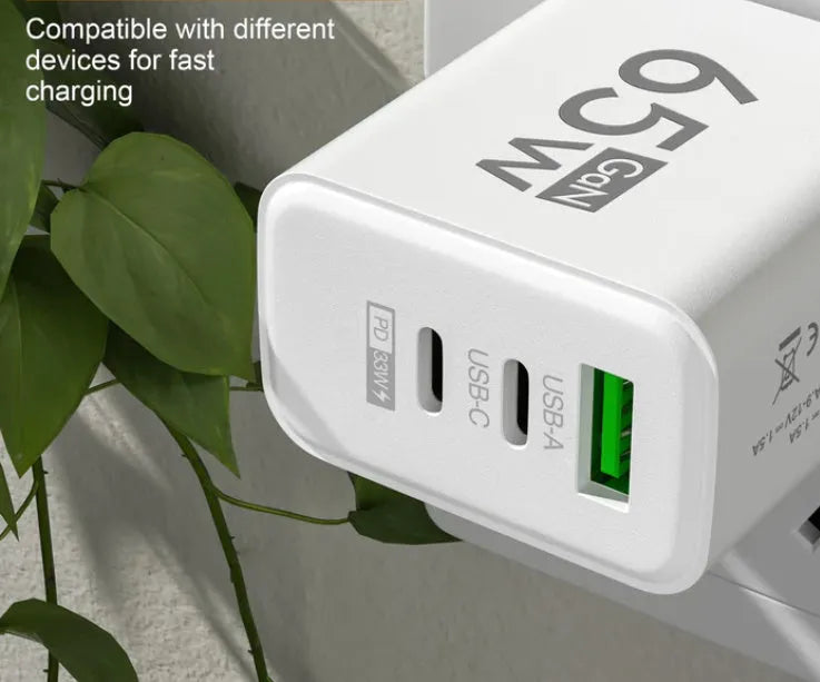 65W frosted square multi-port charger with 1USB and 2PD ports in EU White colour variant