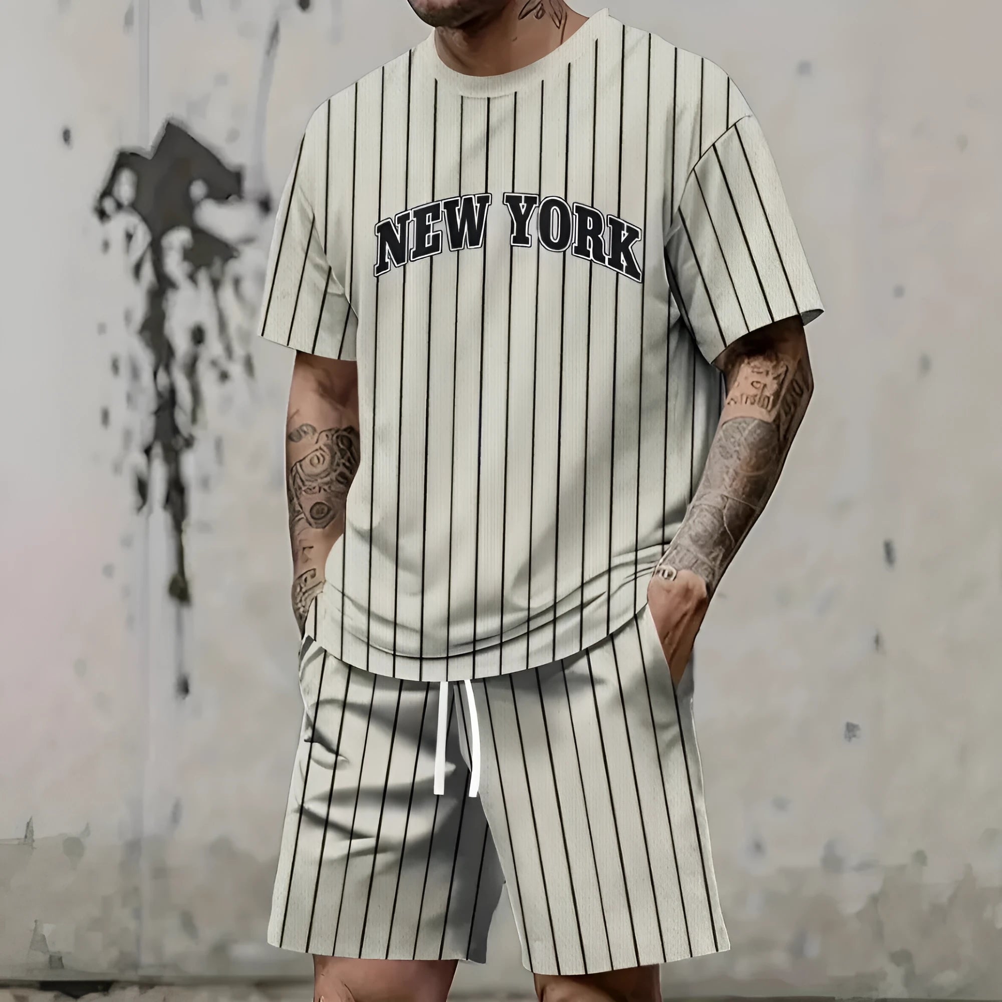 Men's grey 3D printed letter pattern sports suit consisting of a short sleeve top and matching shorts on a hanger