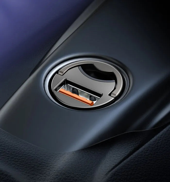 Baseus electro-optical grey 30W PPS fast-charge USB car charger with one-metre cable.
