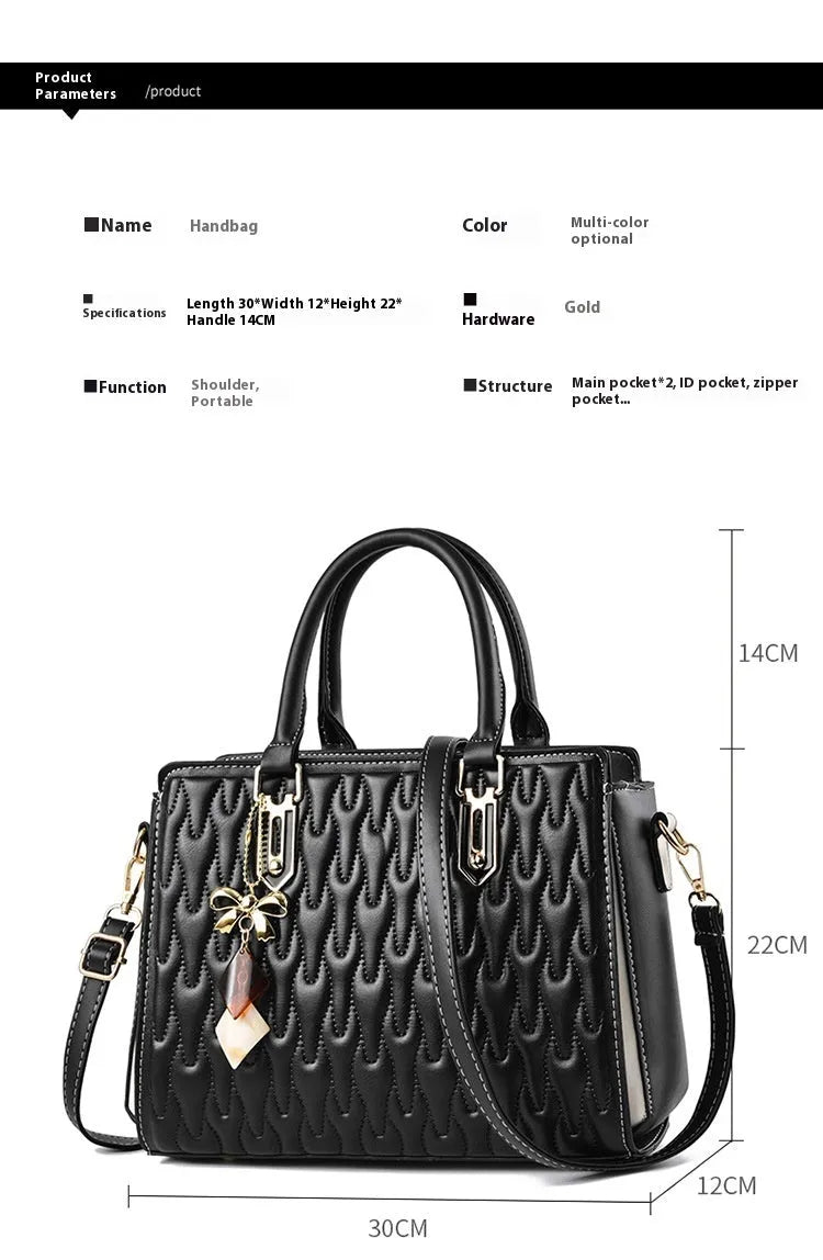 Women's large-capacity polyester messenger bag in black, showing outer pocket design.
