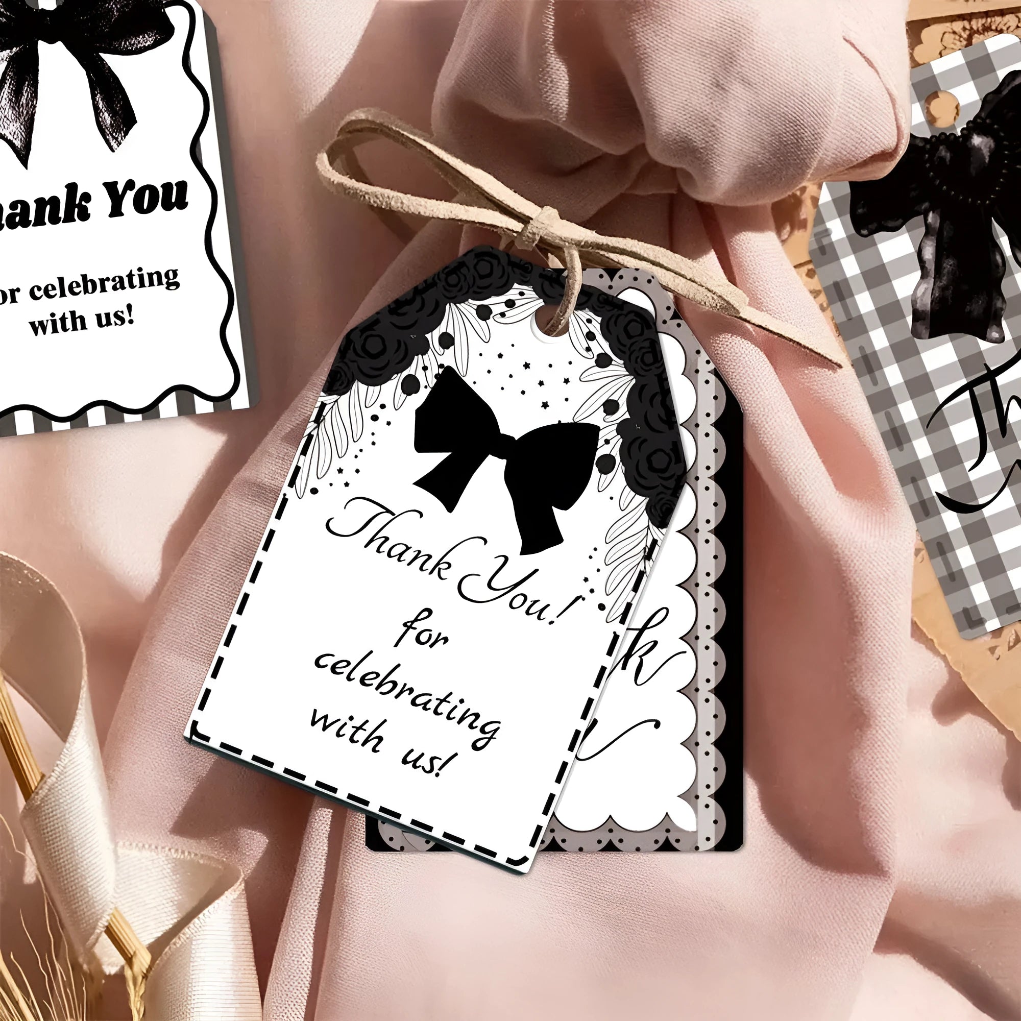 Birthday party theme creative bowknot gift label tags set with hemp rope in three decorative styles