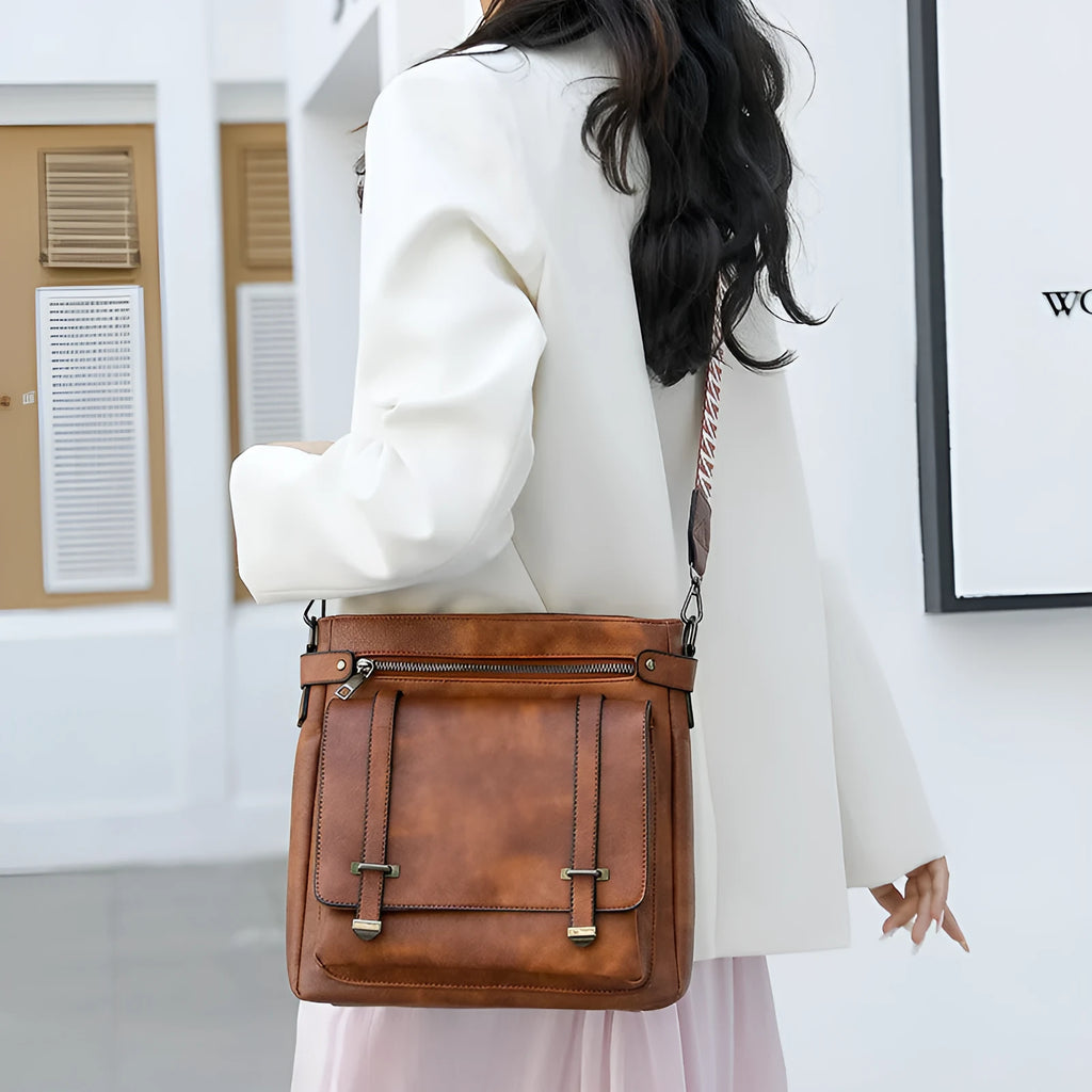Women's PU large capacity multi-pocket bucket bag in two-tone coffee for leisure travel