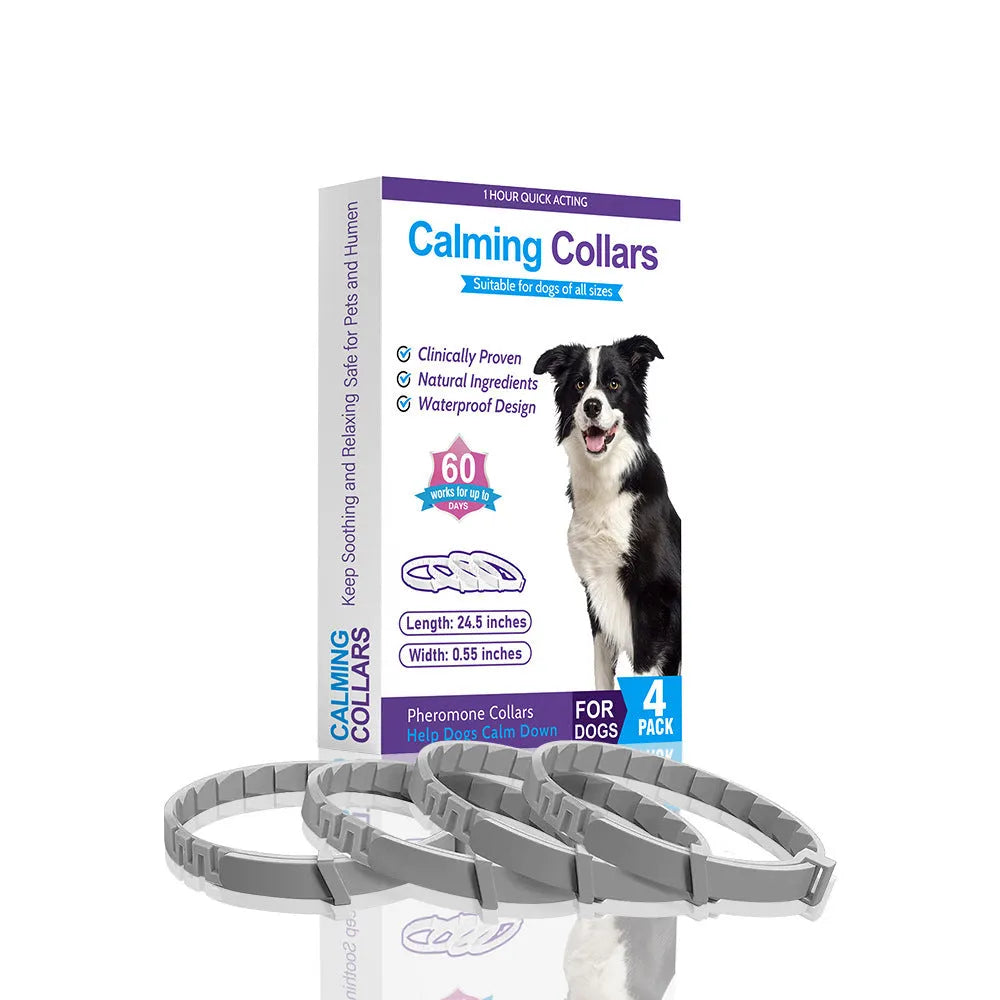 Set of four monochrome TPR dog calming collars in six colour options, each measuring 62 cm.