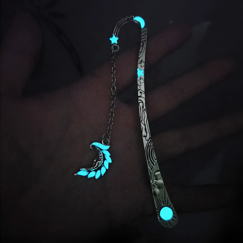 Retro five-pointed star glowing metal bookmark with celestial sun moon star design and fluorescent finish