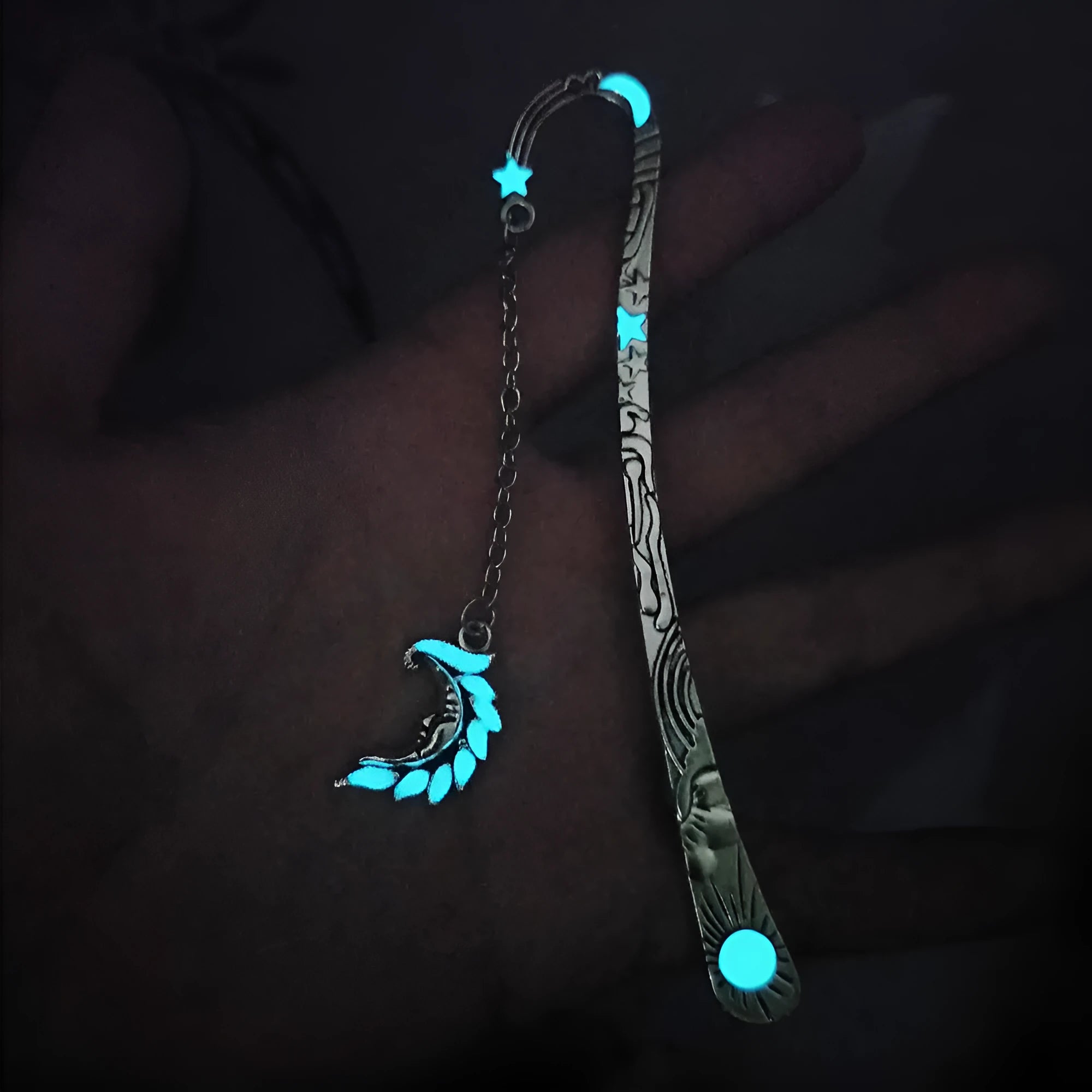 Retro five-pointed star glowing metal bookmark with celestial sun moon star design and fluorescent finish