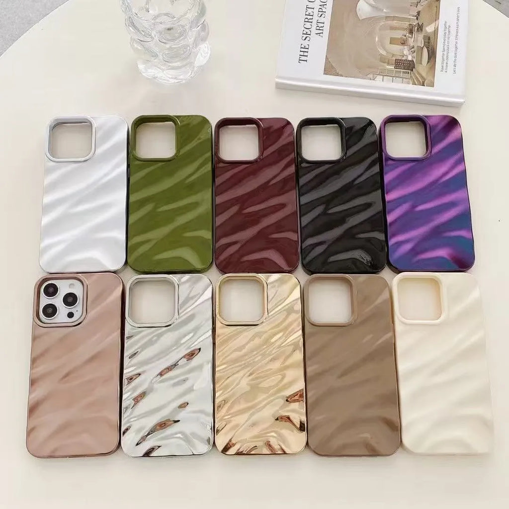 TPU soft solid colour wave pleated anti-fall phone case for iPhone, electroplated finish, multiple colours