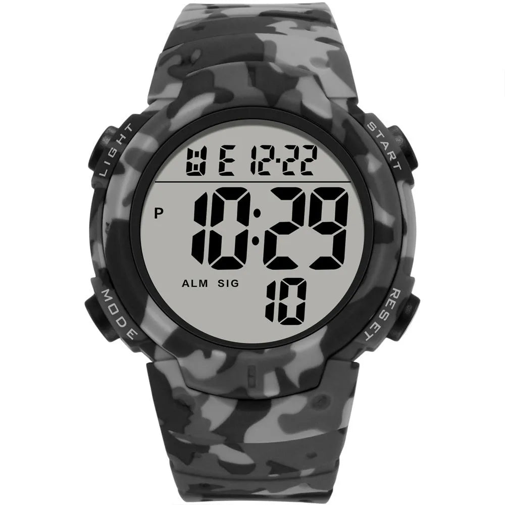 Waterproof male student sports electronic watch with 47.42mm digital dial, plastic band, and stainless steel buckle